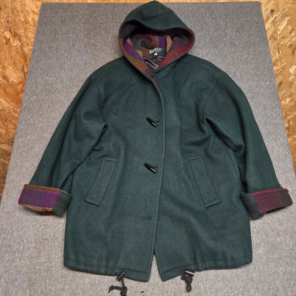 Vintage 1980s Jofeld Wool Duffle Coat Womens M Green Plaid Hooded USA Tweed